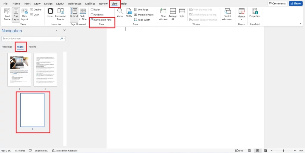 How to remove a blank page in Word: through navigation pane