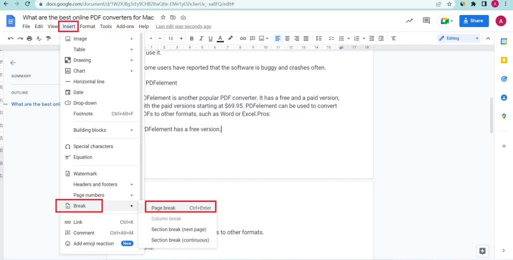 How to delete a page in google docs?