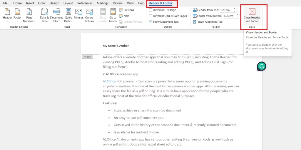 How to close header and footer in ms word.