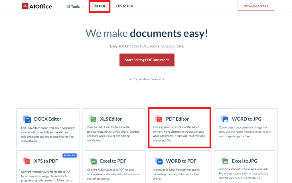 Select online pdf editor: A1Office PDF editor